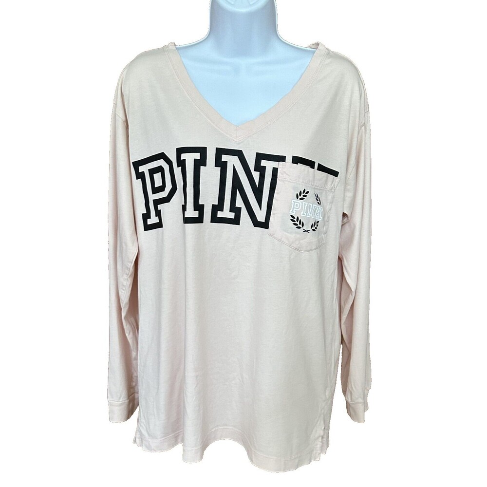 Victoria's Secret Pink Women's Long Sleeve Spell Out Logo V-neck LS Shirt Size S